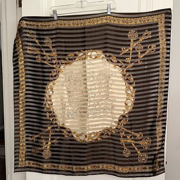 Vtg very large Liz Claiborne brown, gold & cream polyester scarf/ key print - Picture 1 of 10
